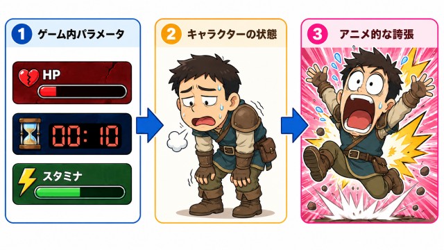 ゲーム内パラメータをキャラクターの状態に変換し、アニメ的な誇張までする